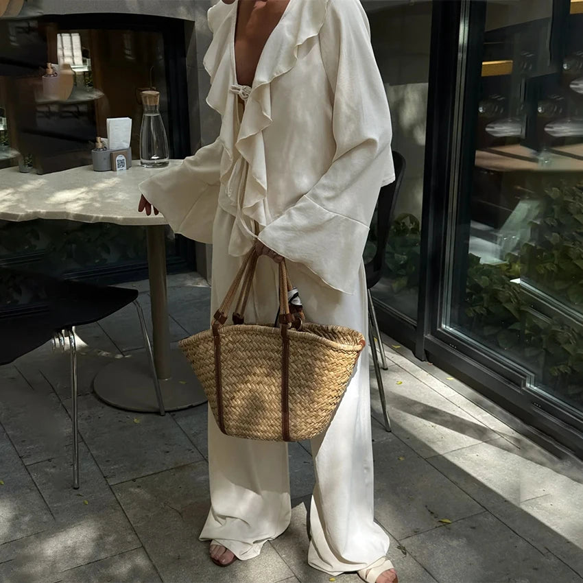 Linad Casual Loose Apricot Outfits Fashion Ruffles Flare Sleeve Blouse With High Waist Pant 2 Piece Sets Summer Long Pants Suits