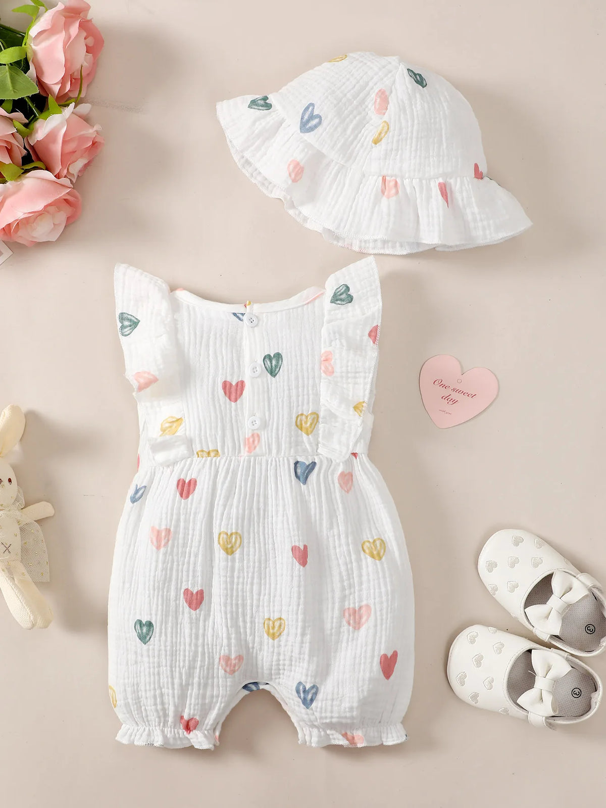 0-18 Months Baby Girl Clothes Set 2Pcs Daisy Print Romper Ruffle Bow Jumpsuit + Hat Summer Infant Newborn Casual Clothing Outfit