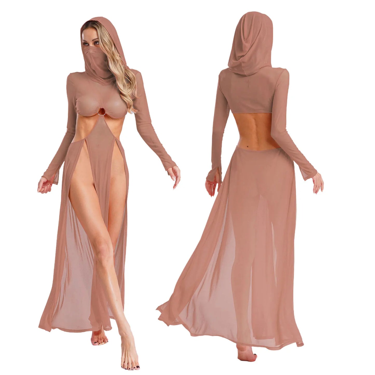 Women’s Hooded Mask Sheer Maxi Dress