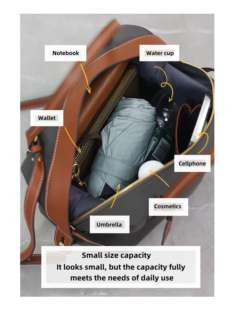 Women's Nylon With Genuine Leather Zipper Tote Lightweight Soft Travling Bags Versatile Style Handbag Different Colors And Size