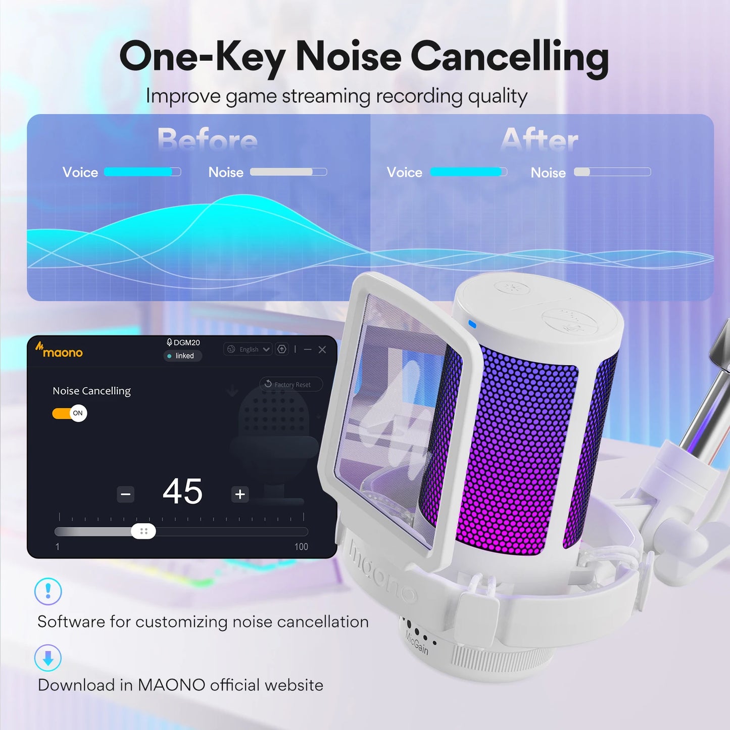 Maono Gamerwave DGM20S USB Microphone Gaming Mic Condenser Mic RGB Mic Noise Canceling Mic with Mic Gain RGB Light One Key Mute