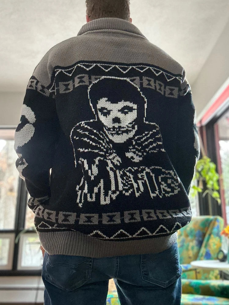 Y2K Gothic Ghost Portrait Knit Sweater – Oversized Harajuku Fall/Winter Cardigan