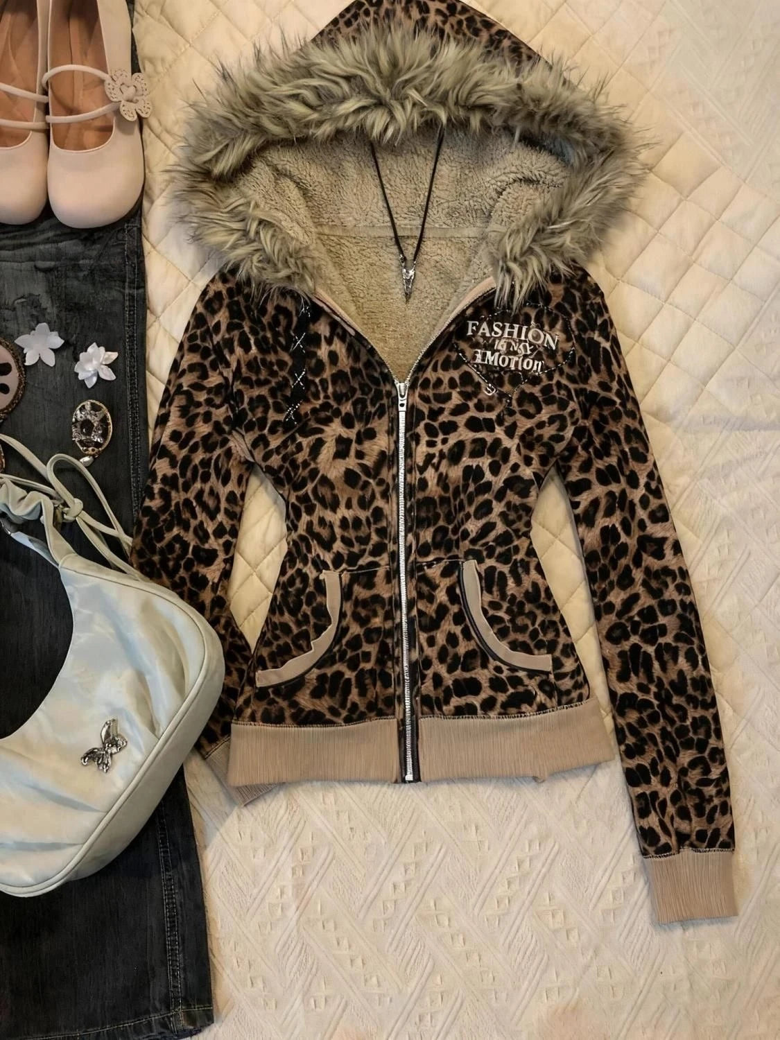 Women's Vintage Leopard Print Zip-Up Hoodie