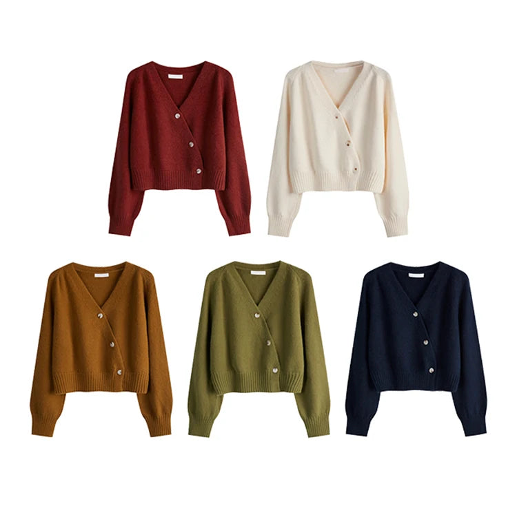 Women's Autumn V-Neck Cashmere Blend Cardigan – USA-Made Loose Knit Sweater