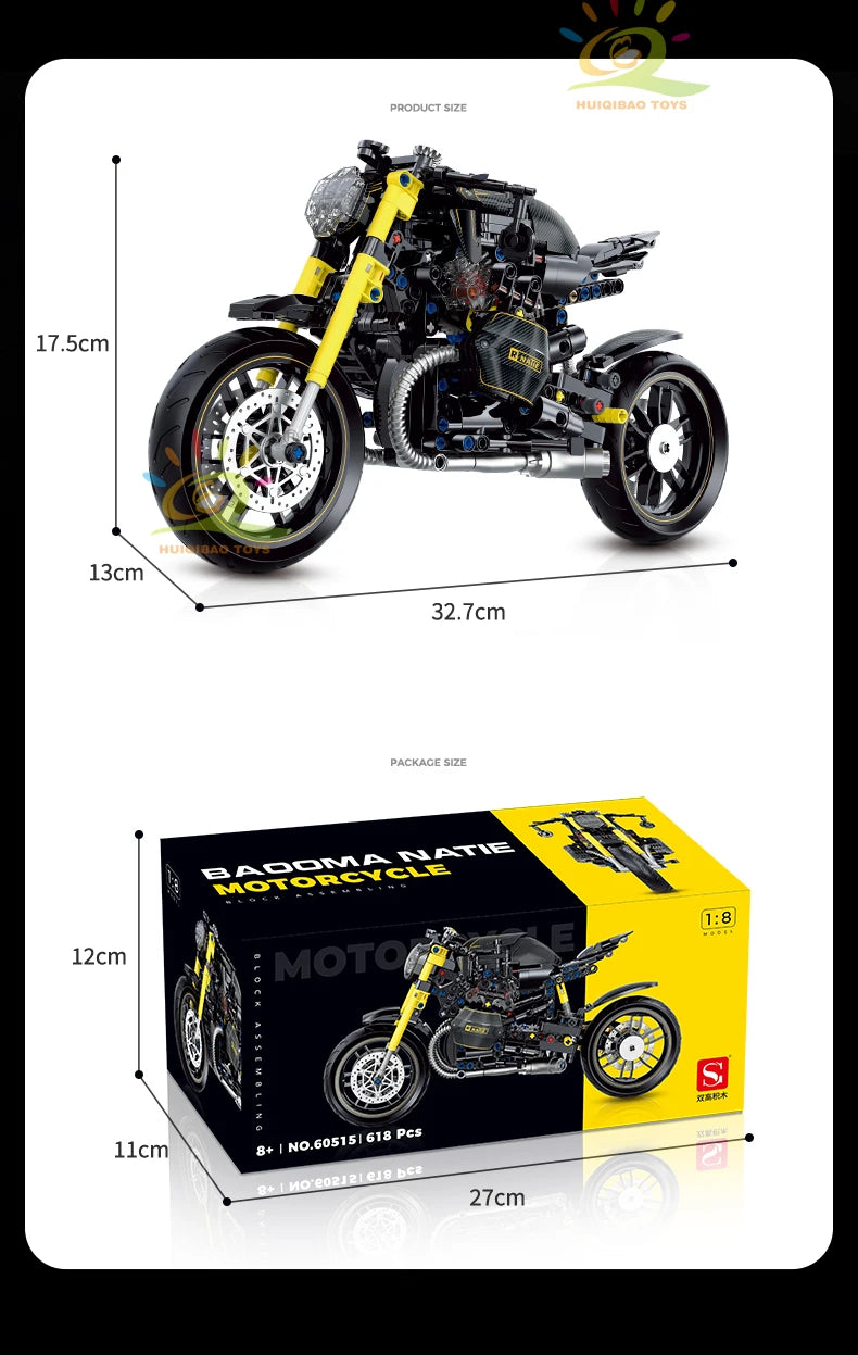 HUIQIBAO 1:8 Classic Motorbike Building Blocks High-tech Model Moto City Racer Bricks Toy for Kid Boy Children Adult MOC Car Set