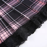 Pink Plaid Y2K Pleated Mini Skirt with Lace Trim