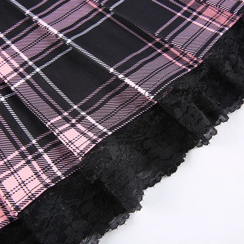 Pink Plaid Y2K Pleated Mini Skirt with Lace Trim