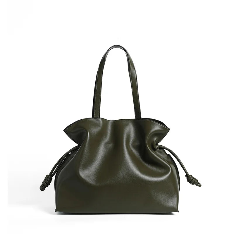 Autumn Winter High-End Leather Bucket Bag Drawstring Pleated Soft Cowhide Single Shoulder Tote Lucky Bag for Women