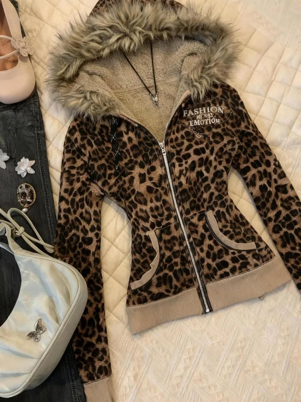 Women's Vintage Leopard Print Zip-Up Hoodie