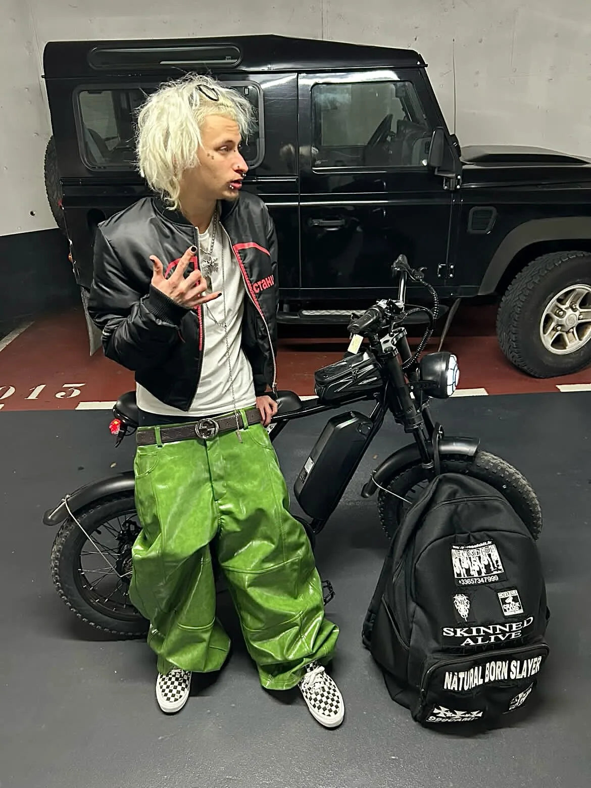 Olive Green PU Leather Wide Leg Pants — Men's Y2K Streetwear Trousers