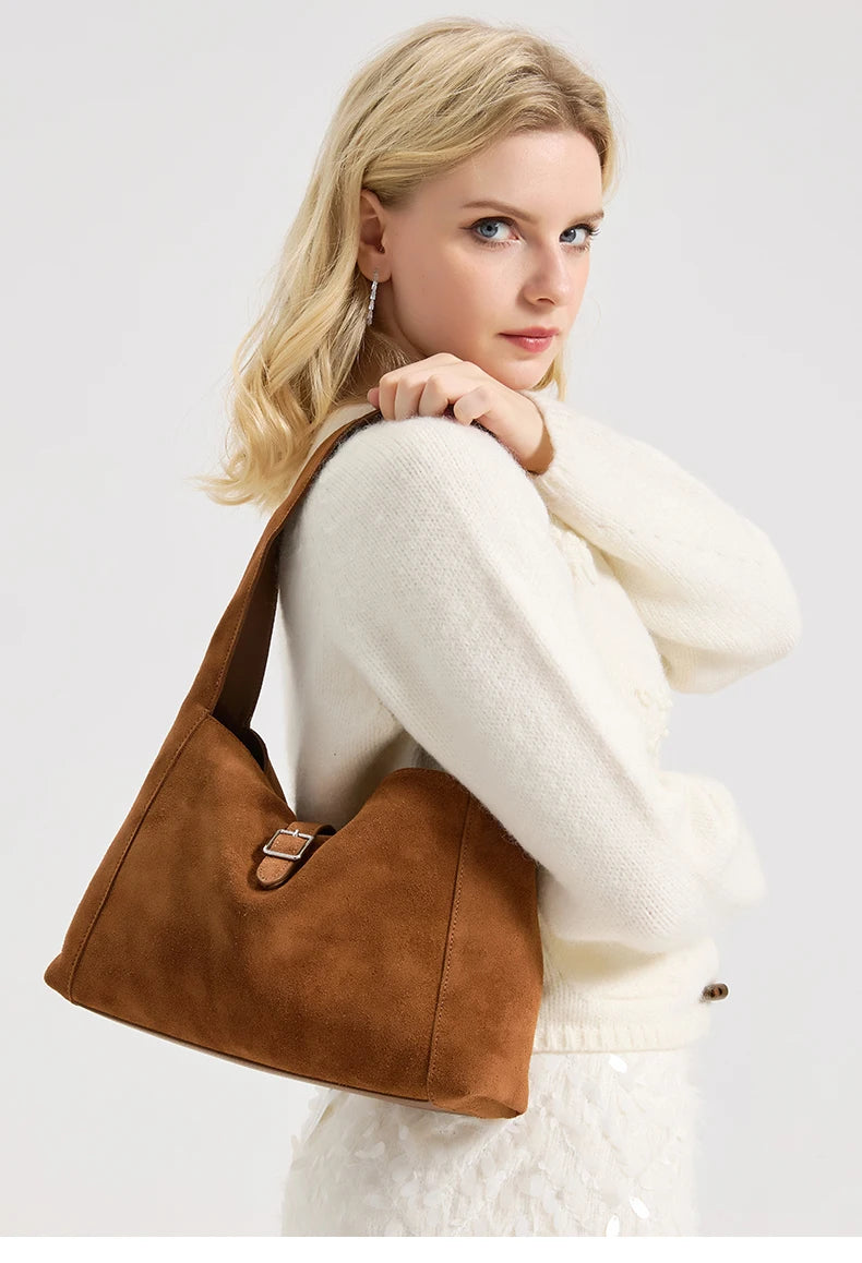 New Winter Women's Natural Suede Leather Bags Female Soft Cowhide Durable Crossbody Shoulder Bag Ladies Fashion Commute Handbags