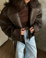 Women's Dark Red Zipper Leather Short Jackets Chic Long Sleeve Lace Up Lapel Loose Button Coat Lady Daily High Street Wear 2025