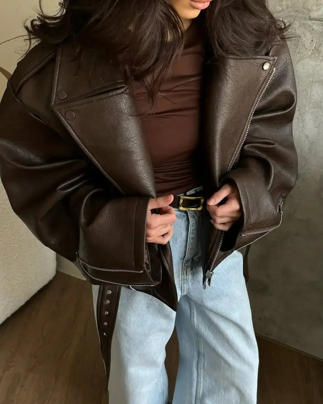Women's Dark Red Zipper Leather Short Jackets Chic Long Sleeve Lace Up Lapel Loose Button Coat Lady Daily High Street Wear 2025
