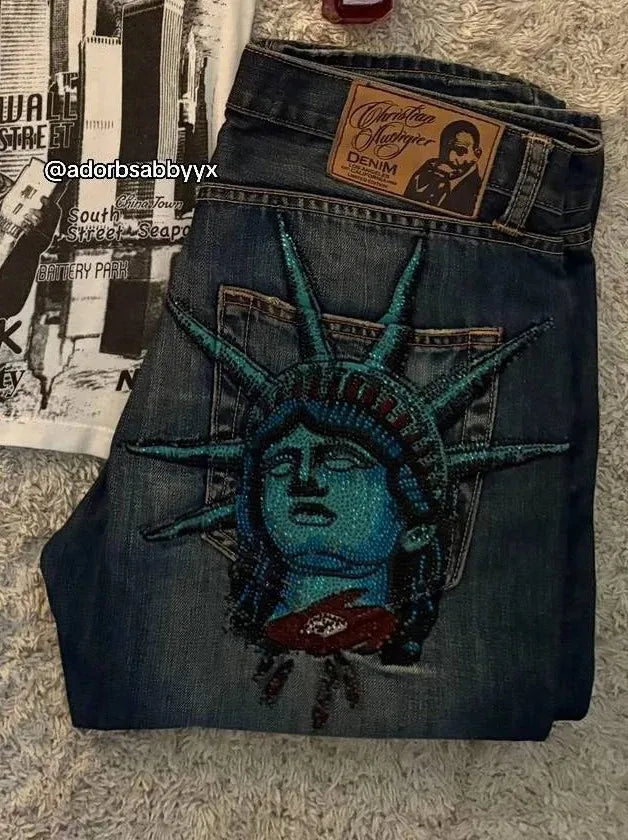 Y2K High-Waist Baggy Jeans – Rhinestone & Liberty Embroidery
