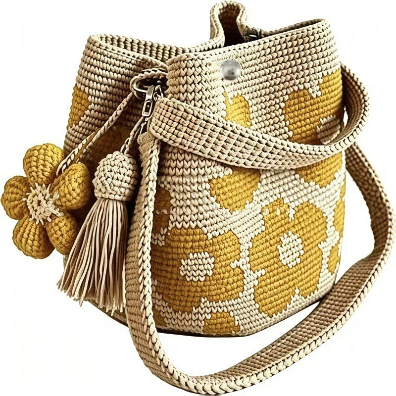 Handmade Crochet Bag Flower Tote Knit Floral Purse Bag, Boho Woven Beach Handbags Crossbody Shoulder Bag for Women Vacation