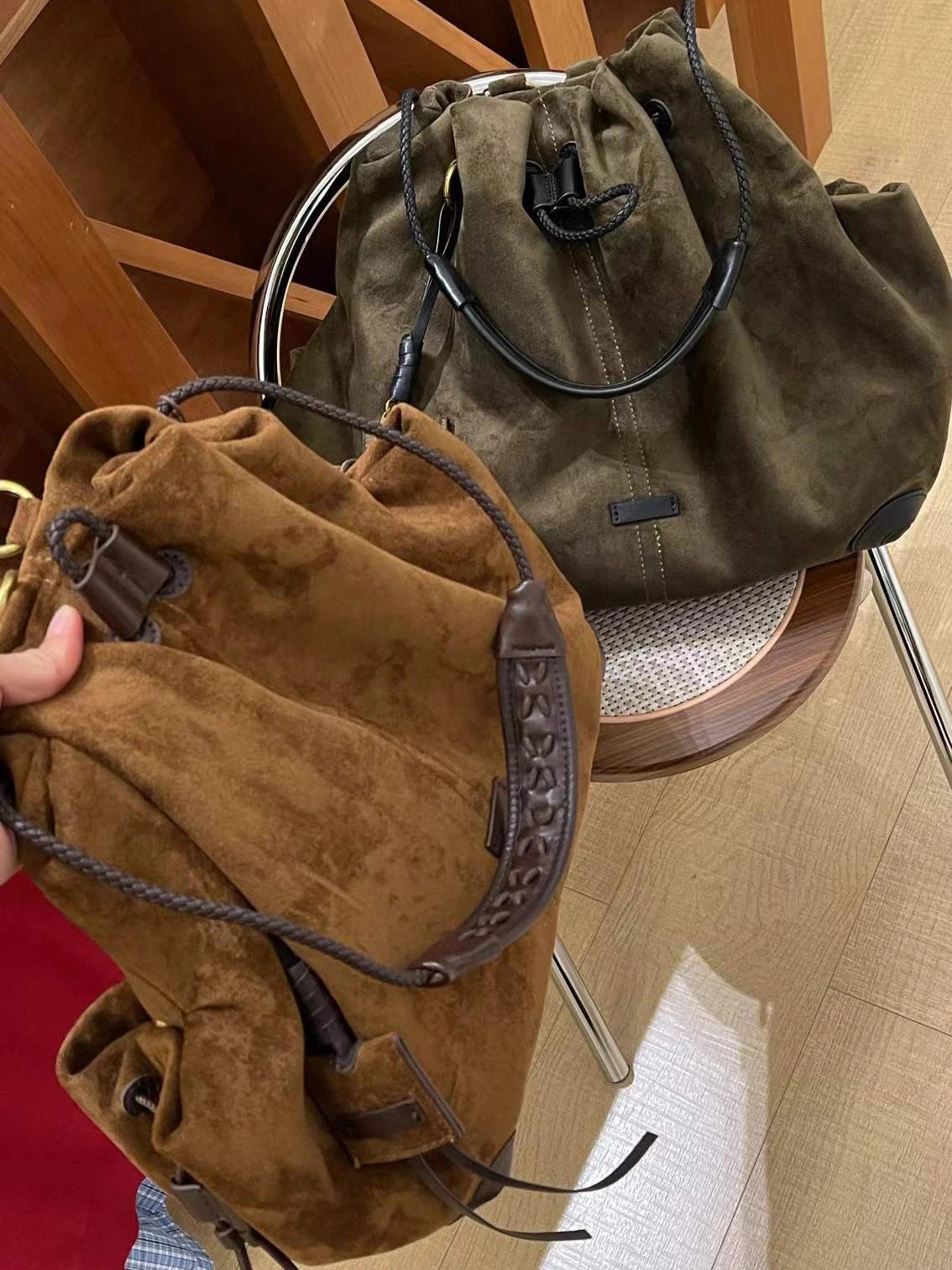 European And American Frosted Suede Bucket Type Backpack Retro Large Capacity Portable Single Shoulder Diagonal Cross Bag Trendy