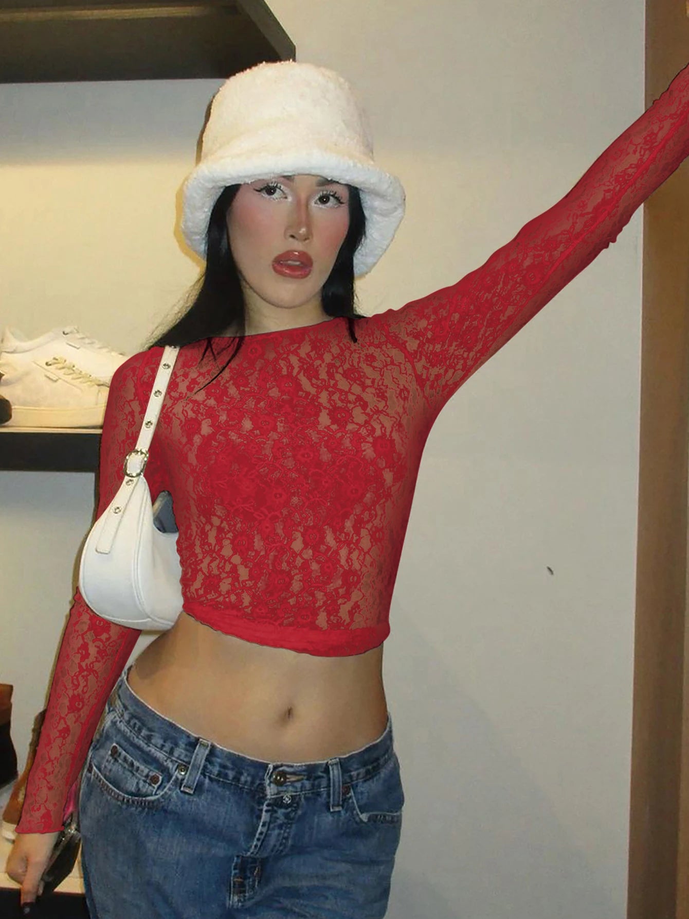 Mesh Lace Long Sleeve Crop Top