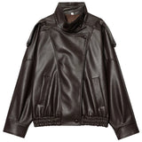 HXAO New Arrival Women's Bomber Jacket Leather Black Jackets Cropped Oversize Outerwears Zip-Up Long Sleeve Coats Outdoor Jacket
