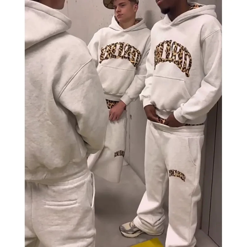 2025 European and American New Trendy High Street Leopard Print Loose Hooded Sweatshirt Casual Stacking Sweatpants