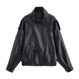 HH 2026 Women Trend Pu Leather Black Coats Stand Collar Long Sleeve Zipper Jacket Woman Fashion Vintage High Street Pu Jackets