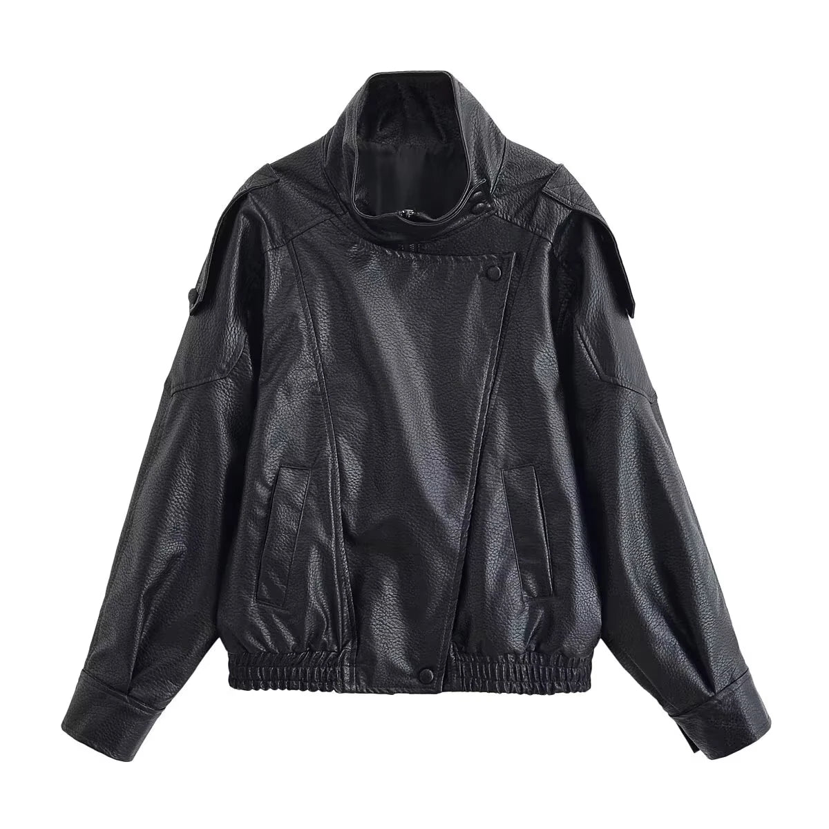 HH 2026 Women Trend Pu Leather Black Coats Stand Collar Long Sleeve Zipper Jacket Woman Fashion Vintage High Street Pu Jackets