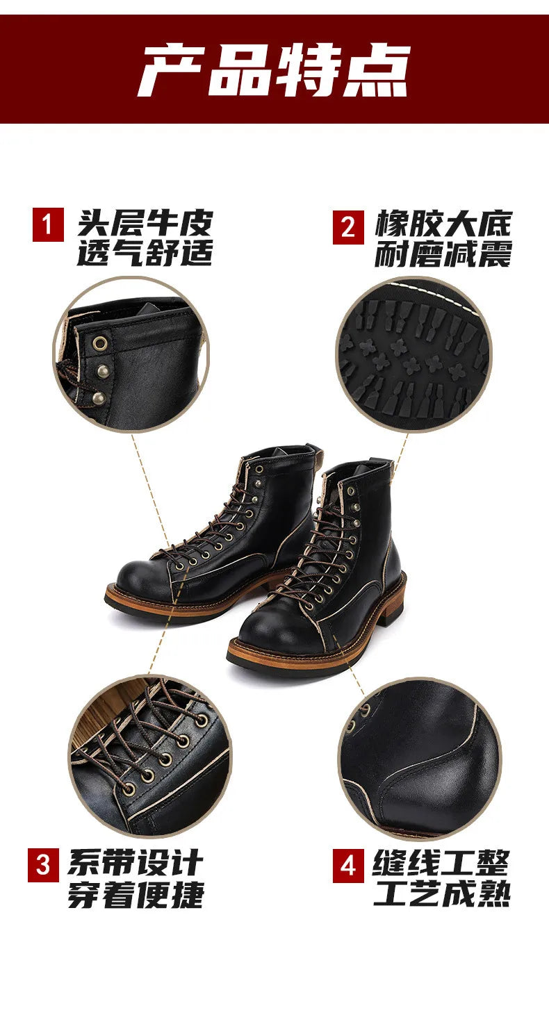 KOWM Hiking shoes men's walking boots British thick soled cowhide high top motorcycle boots ankle sneakers  casual trekking shoe
