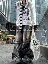 Korean Fashion Sweatshirts Harajuku Gothic Printed Coats Jackets Subculture Vintage Faux Fur Hooded Women Casual Y2k Clothing