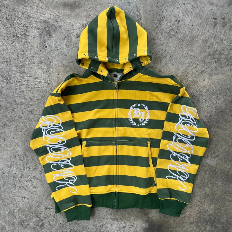 Y2K Striped Zip-Up Hoodie with Embroidery