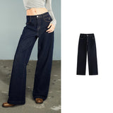 TOYOUTH Women Denim Jeans 2025 Autumn New Lycra Stretch Washed Wide Leg Straight Long Pants
