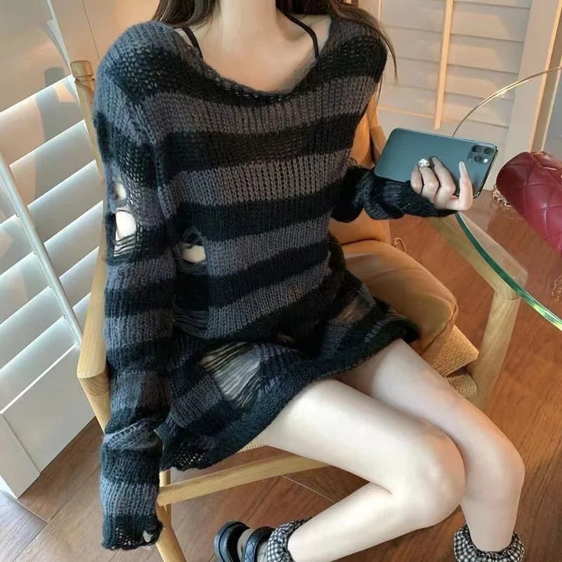 Gothic Striped Distressed Unisex Sweater