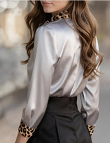 Women's Long-Sleeve Leopard Trim Loose-Fit Button-Down Blouse