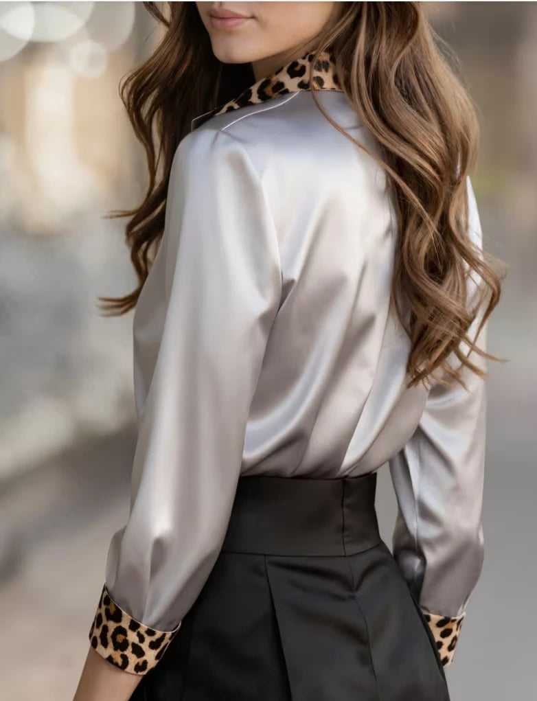 Women's Long-Sleeve Leopard Trim Loose-Fit Button-Down Blouse