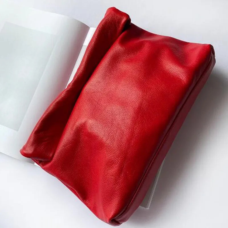 Personality roll-edge leather bag  lazy casual leather soft bag  Phone Women High Quality holding red large bag luxury designer