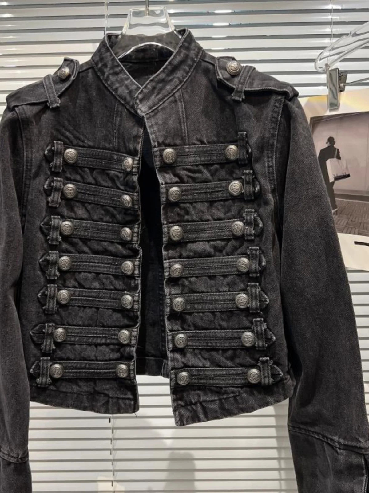 Punk Style Black Stand Up Collar Denim Jacket - Vintage Washed Motor Coat
