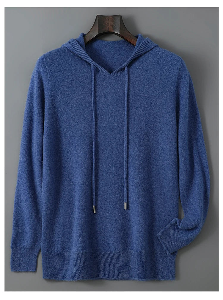 DjzDsm Autumn Winter Men's Sweater 100% Merino Wool Thick Hooded Pullover Soft Knitwear Casual Comfort Wool Clothing Tops