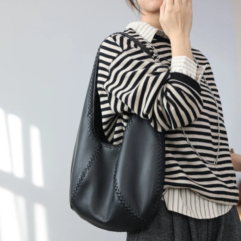 JAZZQ Soft Cowhide Leather Hobo Tote | Hand-Woven Detail