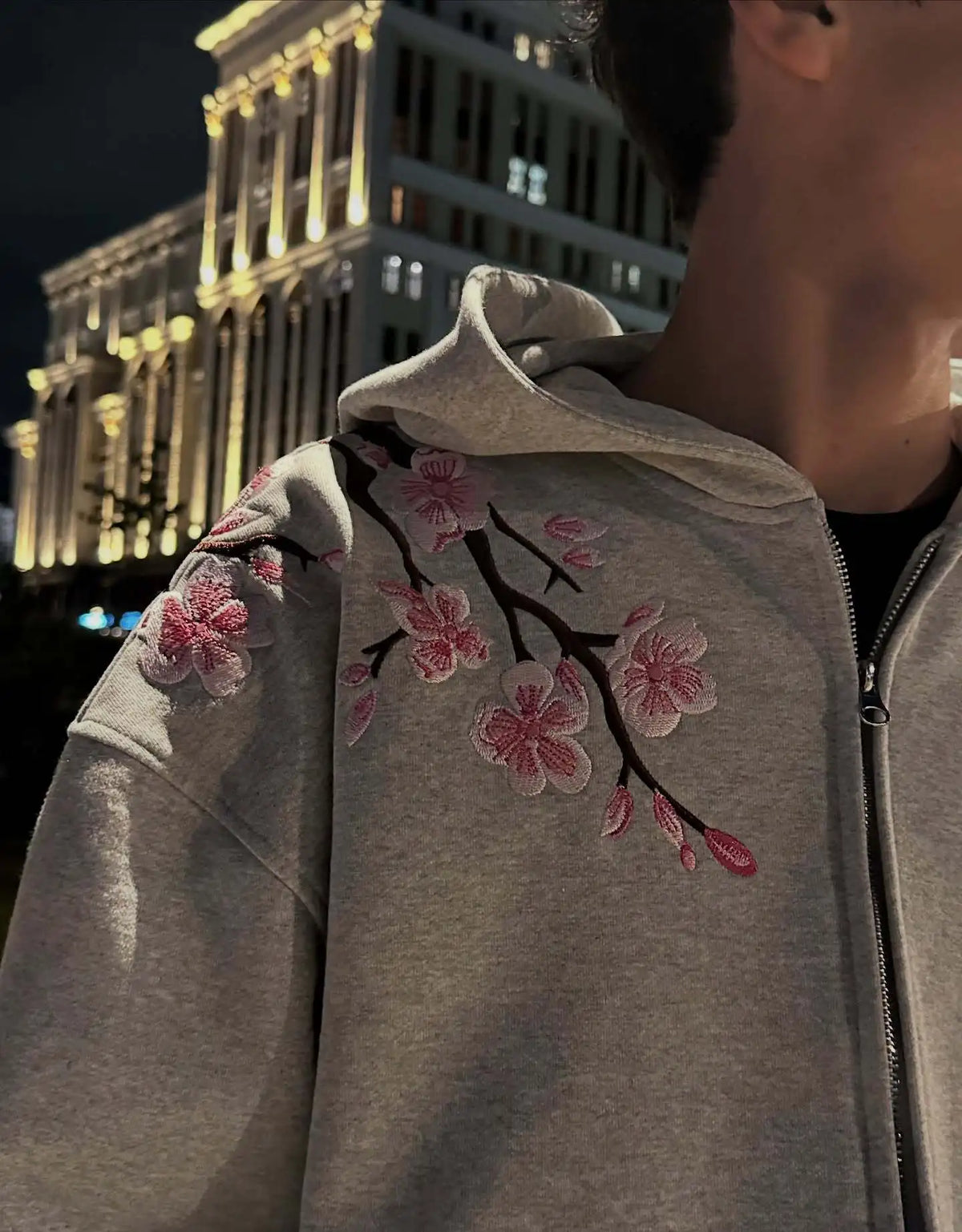 Cherry Blossom Embroidered Zip-Up Hoodie