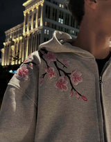 Cherry Blossom Embroidered Zip-Up Hoodie