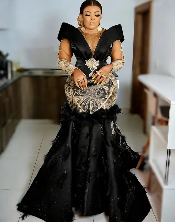 Mermaid Evening Gown | Crystals, Feathers & Beading