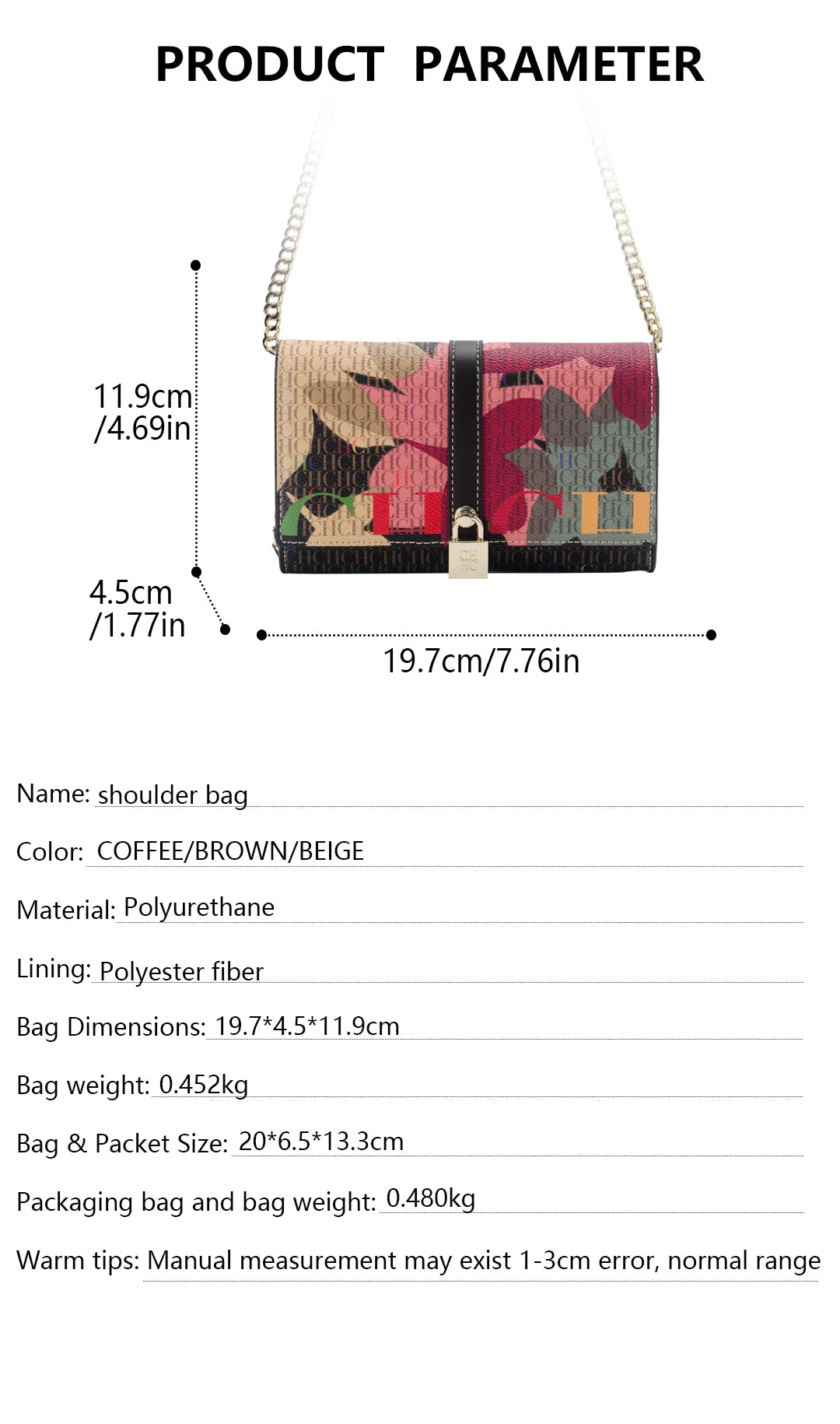 CH Women Crossbody Bag Floral Print Chain Shoulder Bag Fashion Designer Flap Bag Luxury PU Leather Purse For Daily Use