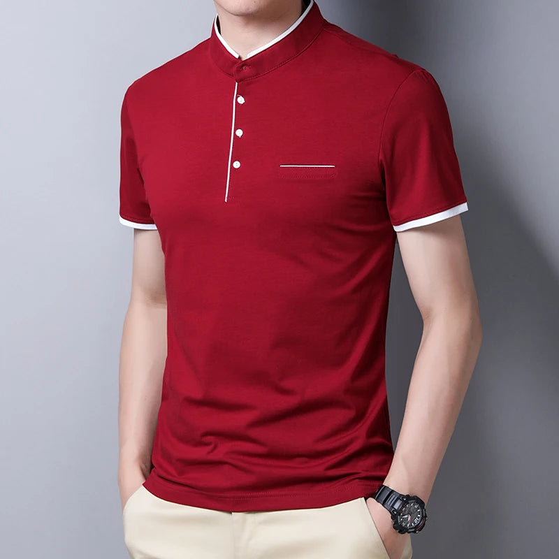 Men's Stand Collar Polo Tee – Solid, Anti-Wrinkle