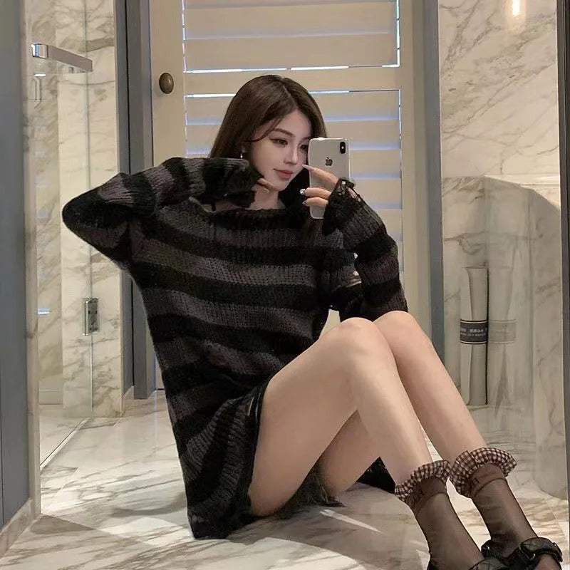 Gothic Striped Distressed Unisex Sweater