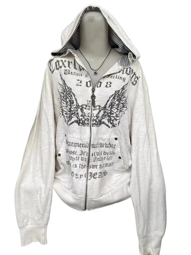 American Retro Printed Zipper Sweatshirt Women's Y2K New Harajuku Hip Hop Goth Casual Joker Long Sleeve Zipper Hoodie Streetwear