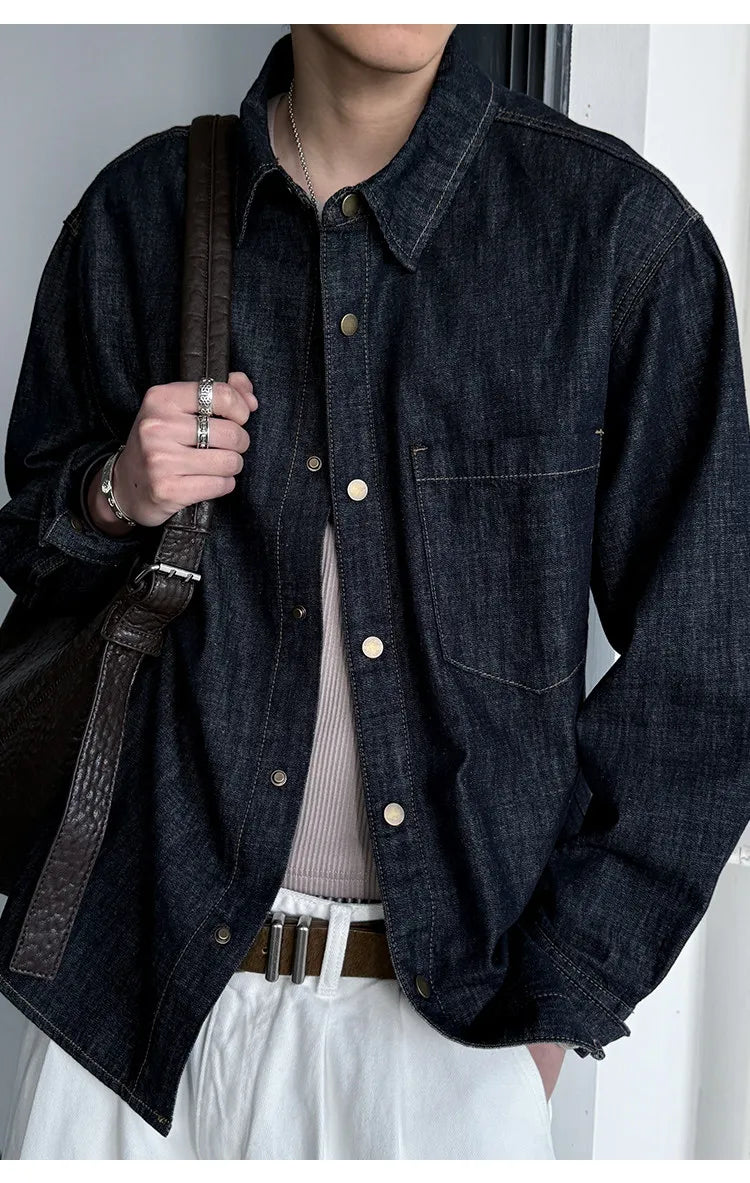 Men's American Vintage Washed Raw Denim Work Shirt Loose Fit Casual Trendy Overshirt Coat Premium Lyocell Spring Fall Streetwear