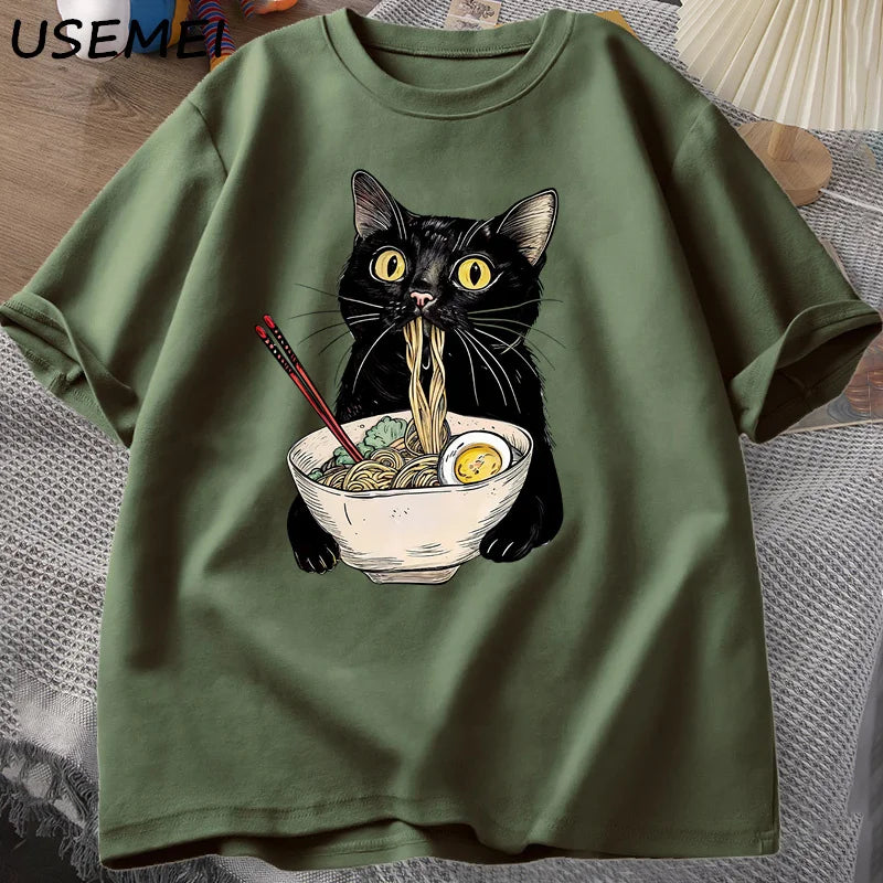 Noodle Ramen Cat T-Shirt Foodie Lover T Shirts Black Cat Noodle T-Shirts Retro Casual Short Sleeve Tshirt for Men Women Clothes
