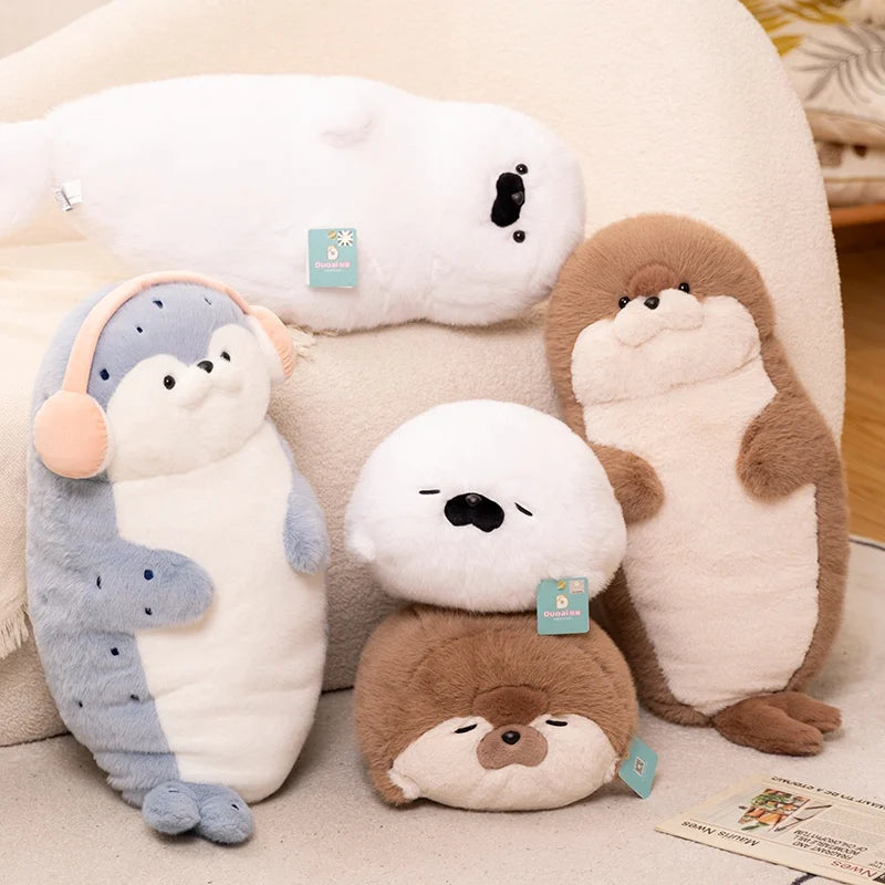 High Quality Cartoon Earphone Seal Sea Otter Plush Toy Ball Round Cushion Throw Pillow for Kids Birthday Gift School Nap Sleep