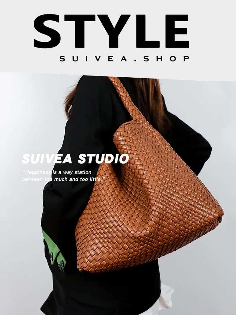 2025 Women Bag Luxury PU Leather Handbag Lady Fashion Handmade Knitting Tote Female Hand-woven Basket Shoulder Bag with Purse