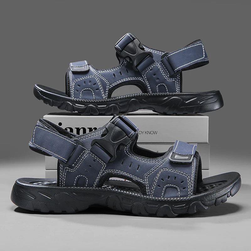 Summer Men Sandals PU Leather Lightweight Open Toe Flat Mens Casual Shoes Outdoor Walking Sandals for Men Beach Shoes Size 39-46