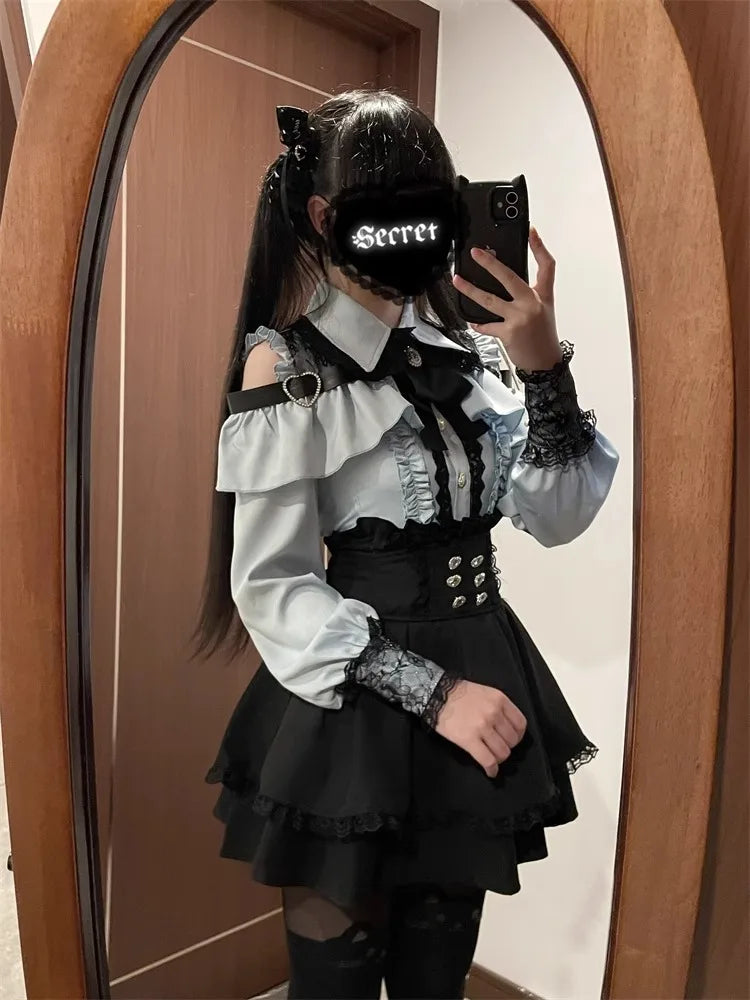 Women‘s Lolita Set Dark Femme Mesh Top & Waist Cinching Skirt, 2025 Autumn Japanese Street Style Coord for Gothic Baddie Fashion
