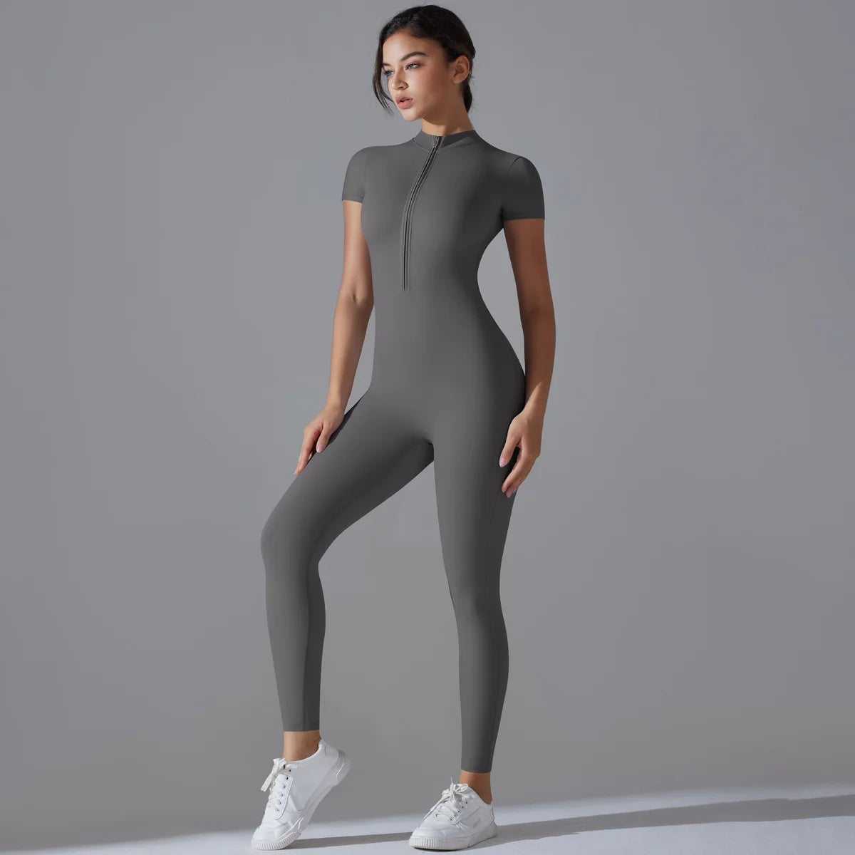 Zip-Front Yoga Jumpsuit - Quick-Dry Short Sleeve Fitness Bodysuit